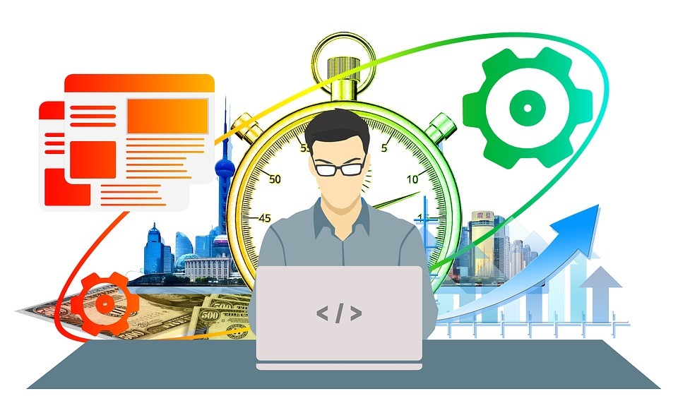 self employed man sat at his laptop clipart